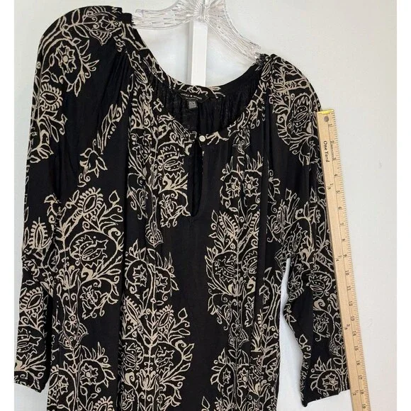 Lucky Brand Women’s 1X Black Beige Floral Boho Peasant Tunic Top Blouse - Picture 4 of 12